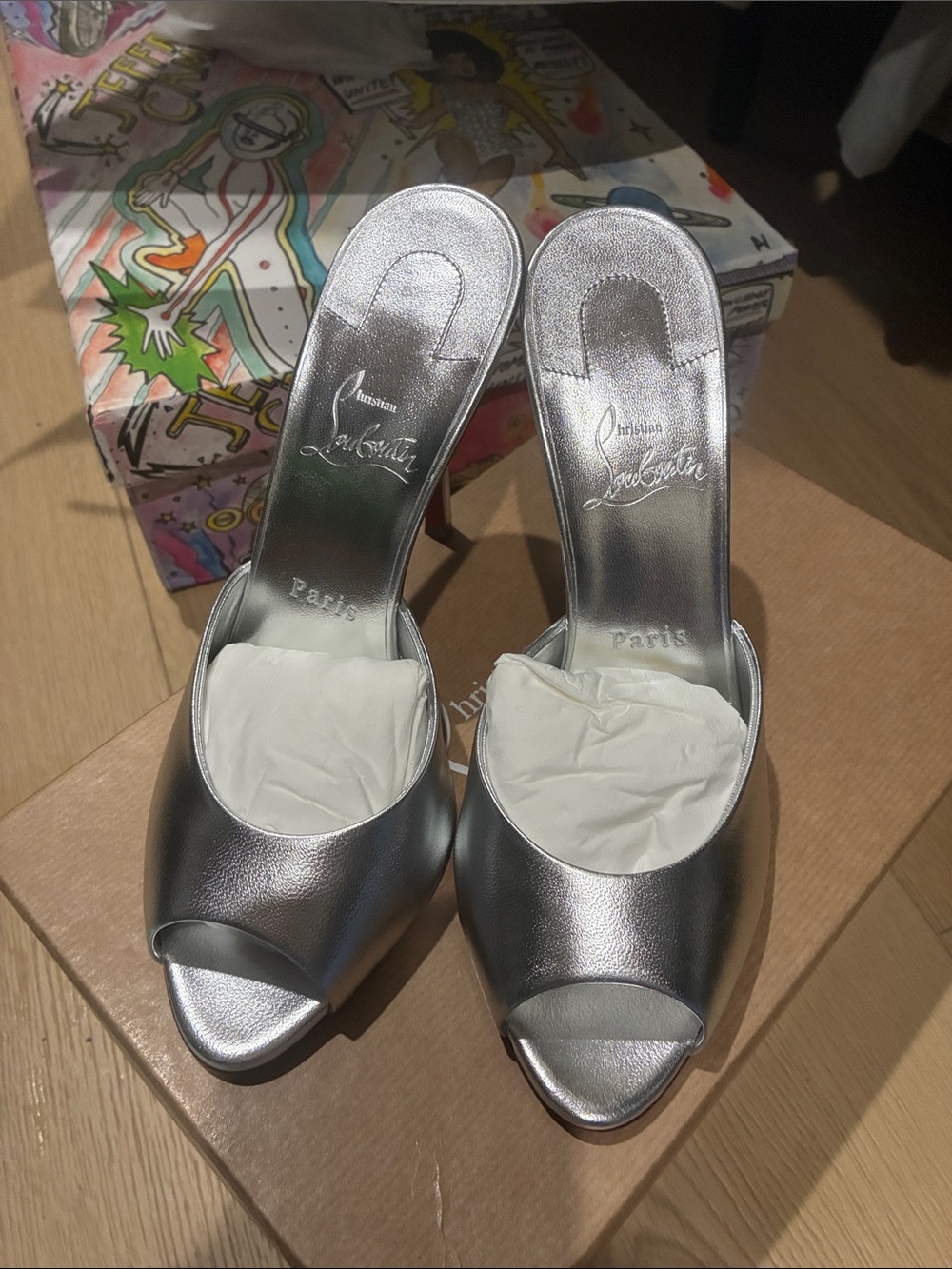 Christian Louboutin Metallic Silver Peep-Toe Mule Heels size 38.5